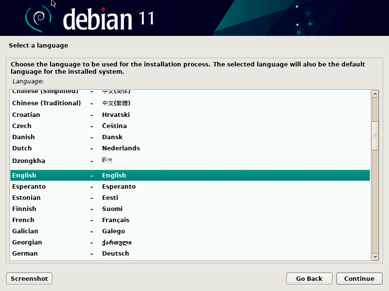 Pilih bahasa instalasi debian 11