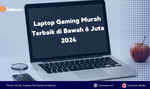 Laptop gaming dengan layar besar terbuka menampilkan dunia fantasi yang penuh warna dengan detail yang tajam