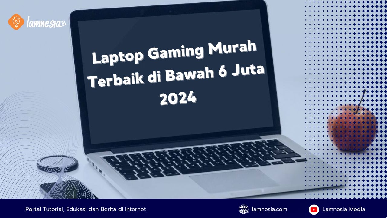 Laptop gaming dengan layar besar terbuka menampilkan dunia fantasi yang penuh warna dengan detail yang tajam