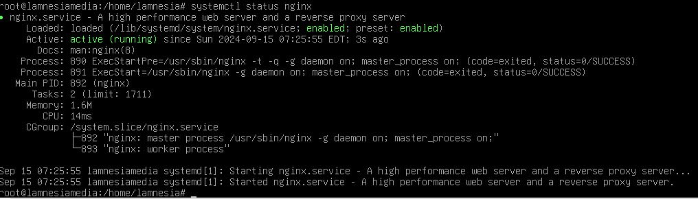 Contoh Tampilan Servis Nginx yang berjalan pada server debian 12